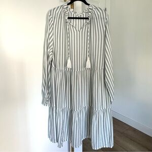 Modest Plus Size 3X Green White Long Sleeve Vertical Striped Tiered Flowy Dress